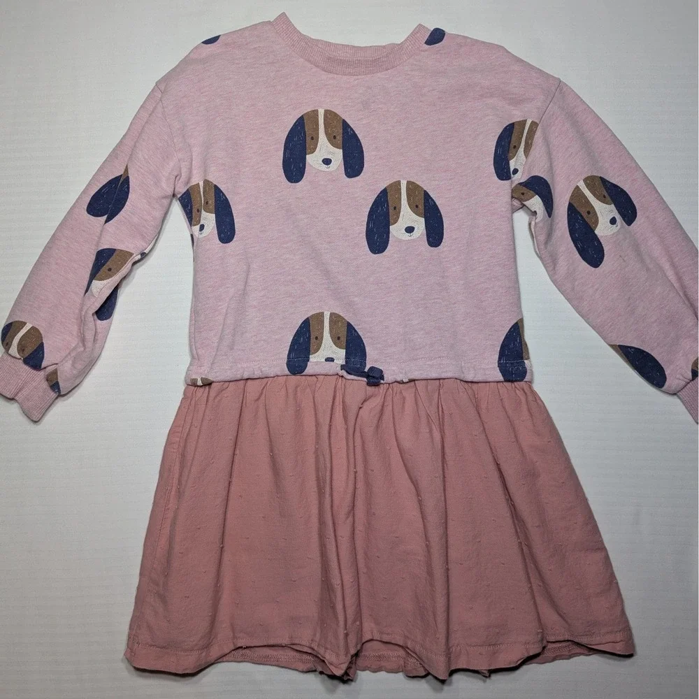 Mini Boden Girls Pink Puppy Dog‎ Sweatshirt Dress Swiss Dot Mix Flawed